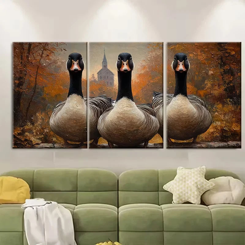 3pcs Three Geese Painting Duck Portrait Metal Print Ready to Hang Art