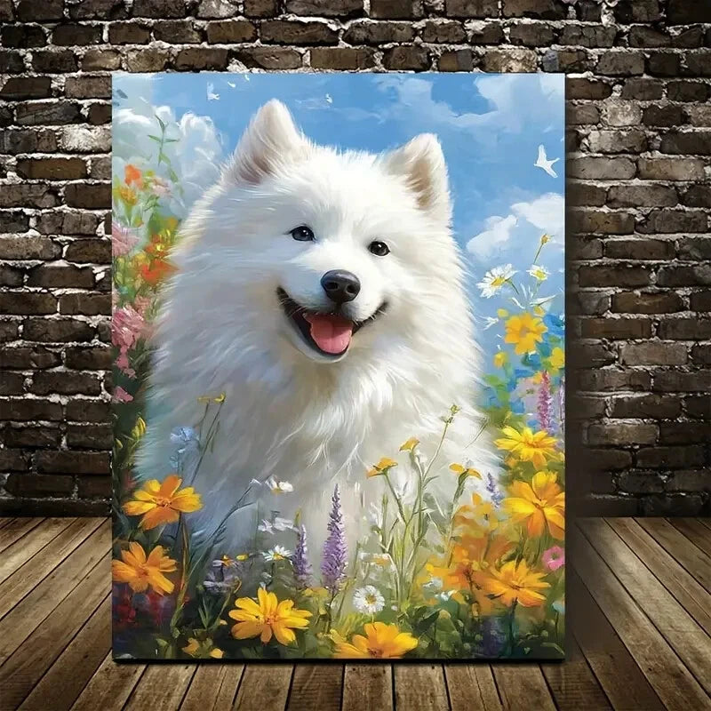 Cute Samoyed Dog with Flowers & Plants Painting 40x60cm Metal Print Ready to Hang - Bella Home Decor