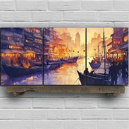 3pcs Ships At the Port Cityscape Metal Print Ready to Hang Art