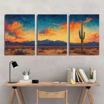 3pcs Painting of Saguaro Cactus Colorful Desert Wall Art Set Canvas Unframed - High Quality Print 100% Australian Made Wall Canvas