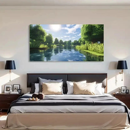 Serene River Landscape Lush Wall Art Canvas Office Home Room Framed 120x60cm - Bella Home Decor