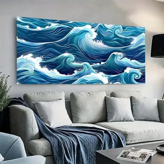 Blue and White Wave Winter wall canvas office home room framed 120x60cm - Bella Home Decor