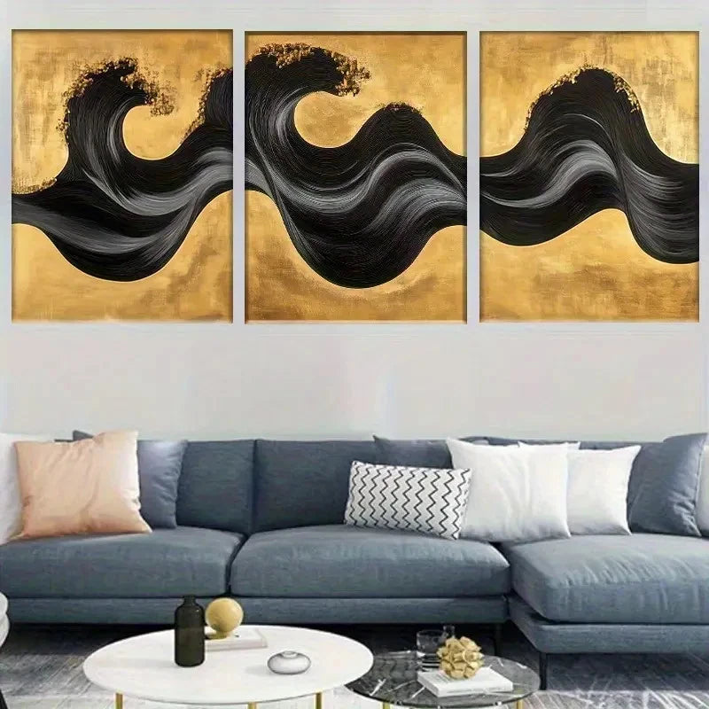 3pcs Black and Golden Abstract Wave Painting Metal Print Ready to Hang Art - Bella Home Decor