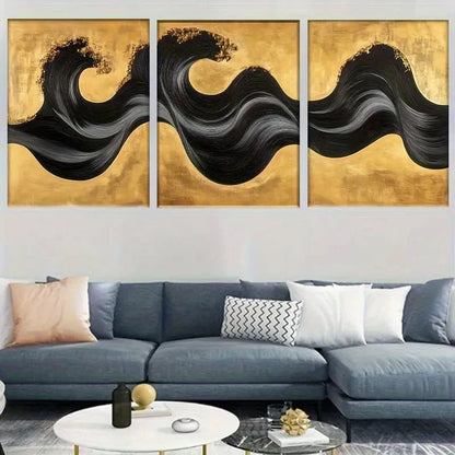 3pcs Black and Golden Abstract Wave Painting Metal Print Ready to Hang Art - Bella Home Decor