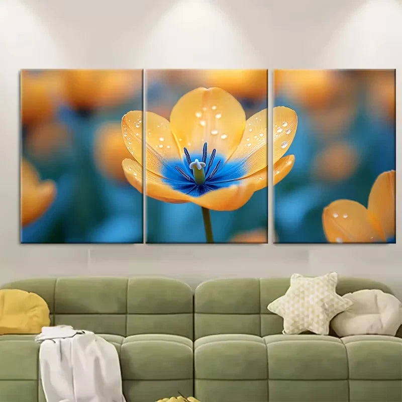 3pcs Yellow and Blue Tulip Macro Photography Metal Print Ready to Hang Art
