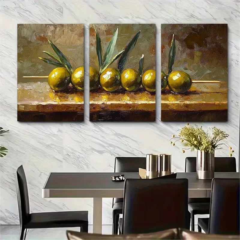 3pcs Still Life with Olives Kitchen Metal Print Ready to Hang Art