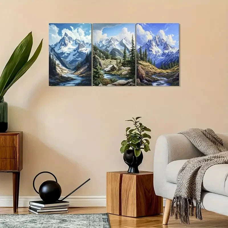 3pcs Snow Peaks, Pine Trees & Serene Streams Metal Print Ready to Hang Art - Bella Home Decor