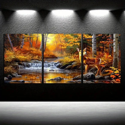 3pcs Autumn Forest Deer Stream Scene Metal Print Ready to Hang Art - Bella Home Decor