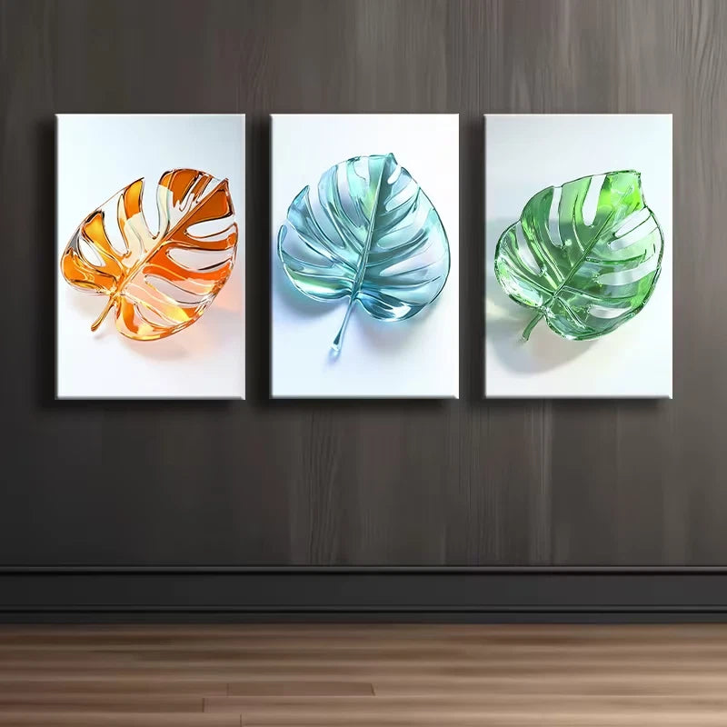 3pcs Stained Glass Leaves Design Wall Art Set Canvas Framed 50x70cm - High Quality Print 100% Australian Made Wall Canvas Ready to Hang