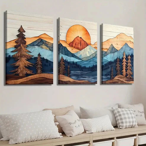 3pcs Wood Style Mountains Landscape Wall Art Set Canvas Unframed - High Quality Print 100% Australian Made Wall Canvas