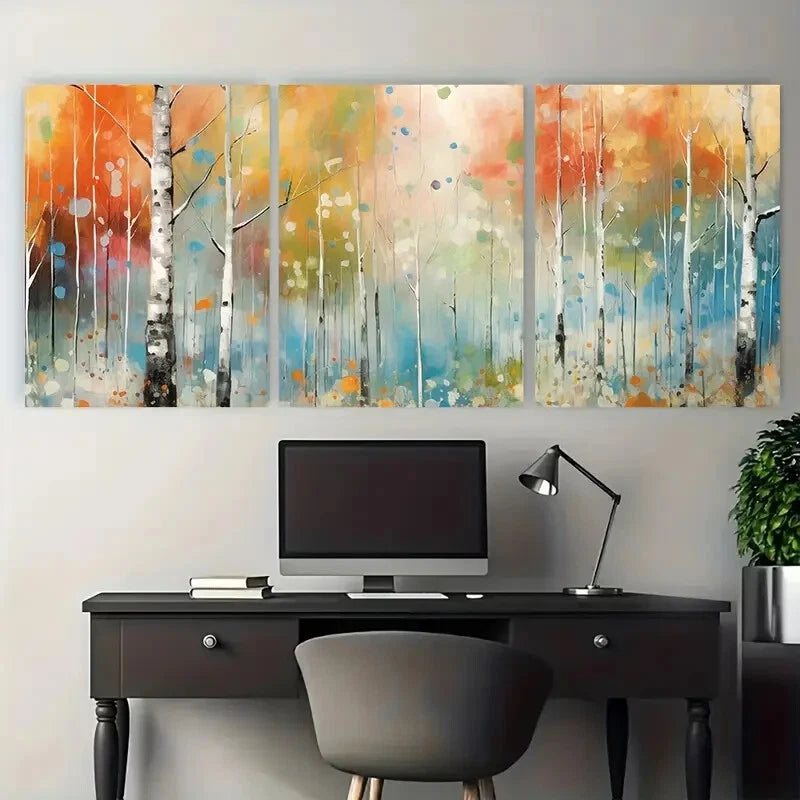 3pcs Autumn Forest Scandinavian Forest Birch Grove Metal Print Ready to Hang Art - Bella Home Decor