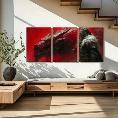 3pcs Fantasy Aesthetic Art Viking Scary Dragon Wall Art Set Canvas Framed 50x70cm - High Quality Print 100% Australian Made Wall Canvas Ready to Hang - Bella Home Decor