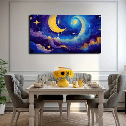 Blue Night Sky Moon & Stars Wall Art Canvas Office Home Room Framed 120x60cm