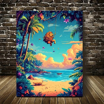 Vibrant Cartoon Lion Swing Scene with Neon 40x60cm Metal Print Ready to Hang - Bella Home Decor