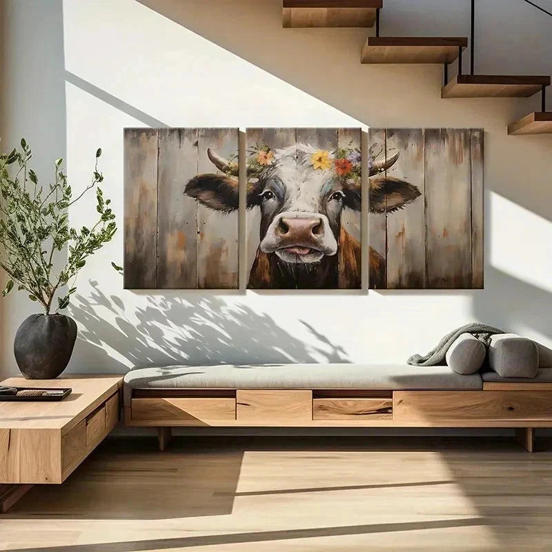 3pcs Farmhouse Cow Farm Animals Rustic Wall Art Set Canvas Framed 50x70cm - High Quality Print 100% Australian Made Wall Canvas Ready to Hang