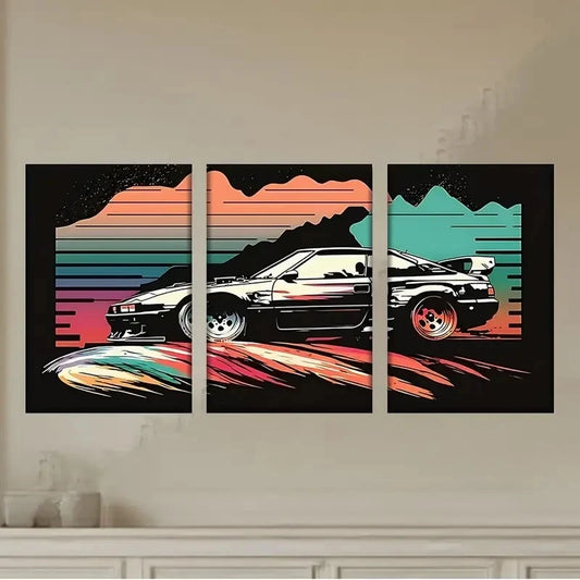3pcs a car with a sunset in the background Wall Art Set Canvas Framed 50x70cm - High Quality Print 100% Australian Made Wall Canvas Ready to Hang