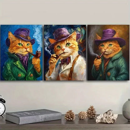 3pcs Featuring A Cat With A Pipe Orange Cat Wall Art Set Canvas Unframed - High Quality Print 100% Australian Made Wall Canvas