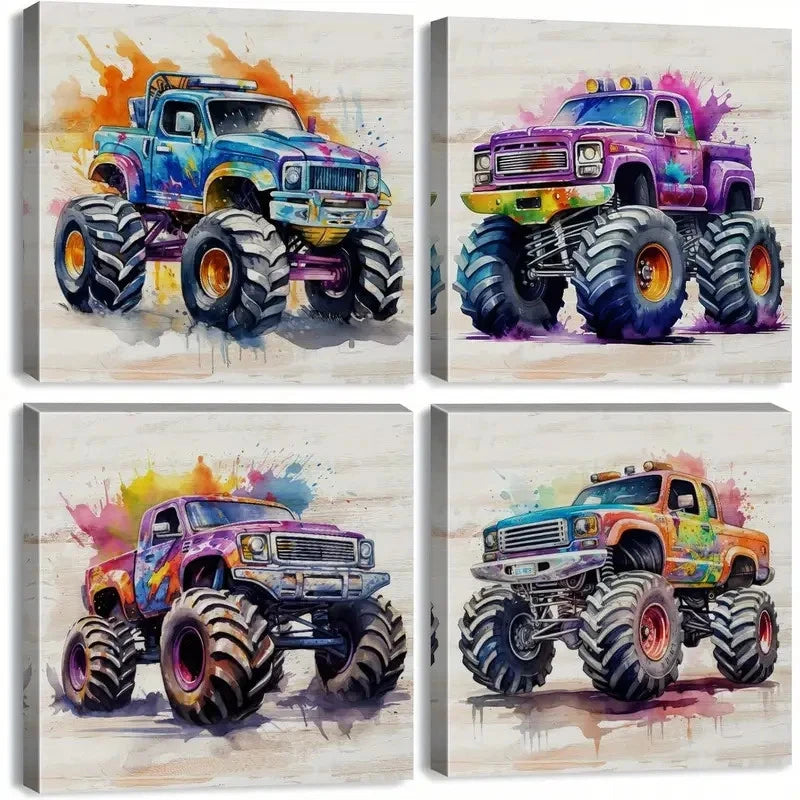 4pcs Vibrant Monster Truck Canvas Wall Art Canvas Framed