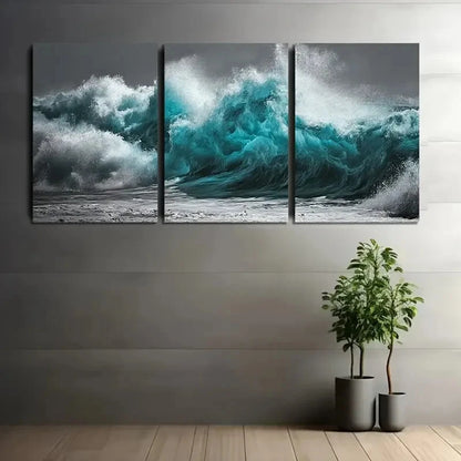 3pcs Massive Wave Crashing on The Shore Wall Art Set Canvas Framed 50x70cm - High Quality Print 100% Australian Made Wall Canvas Ready to Hang
