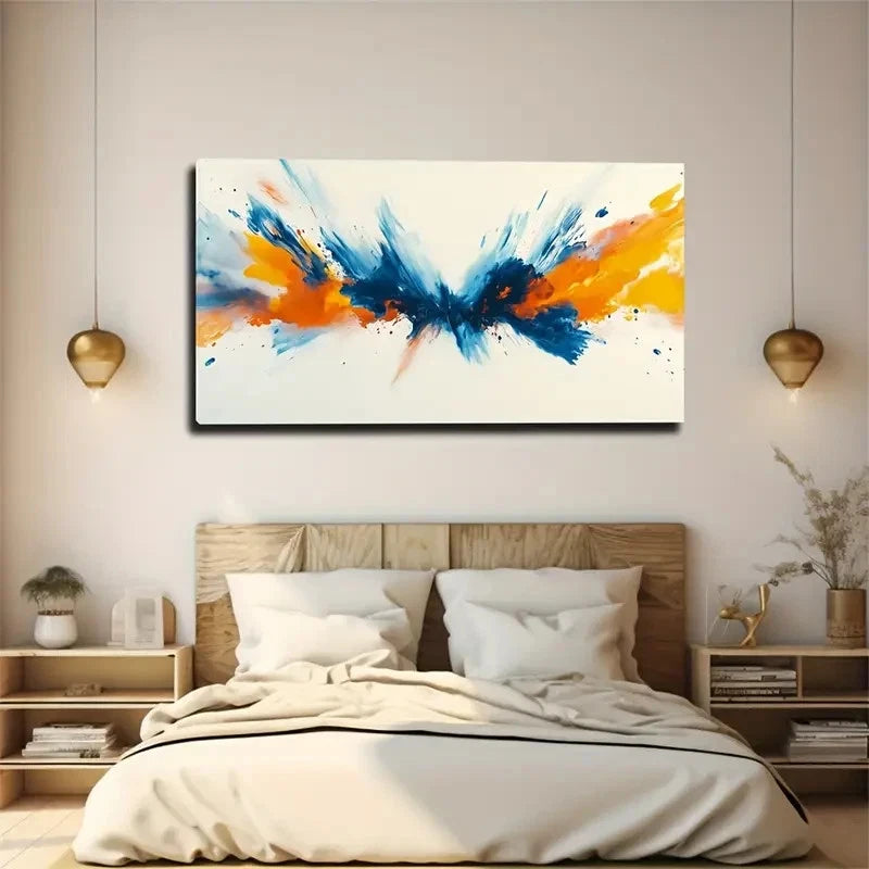Blue Orange & White Splatter Wall Art Canvas Office Home Room Framed 120x60cm