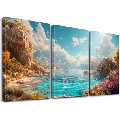 3pcsVibrant Cliffs Coastal Sunlit Turquoise Art Set Canvas Unframed - High Quality Print 100% Australian Made Wall Canvas