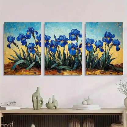 3pcs Vibrant Blue Flowers in Golden Hues Metal Print Ready to Hang Art - Bella Home Decor