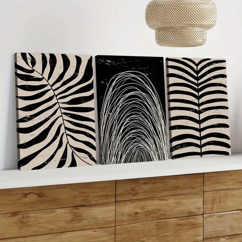 3pcs Abstract Plant Black Leaves White Bohemian Wall Art Set Canvas Unframed - High Quality Print 100% Australian Made Wall Canvas - Bella Home Decor