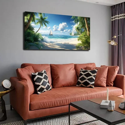 Serene Beach Scene Sailboats Wall Art canvas office home room framed 120x60cm
