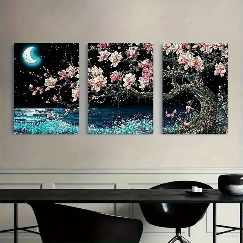 3pcs Moonlit Landscape With a Tree Painting Metal Print Ready to Hang Art - Bella Home Decor