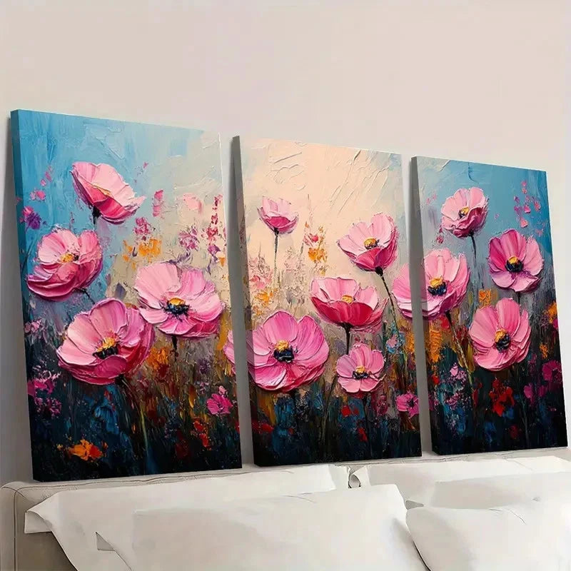 3pcs Flower Original Art Pink Meadow FO     Wall Art Set Canvas Framed 60x90cm - High Quality Print 100% Australian Made Wall Canvas Ready to Hang - Bella Home Decor