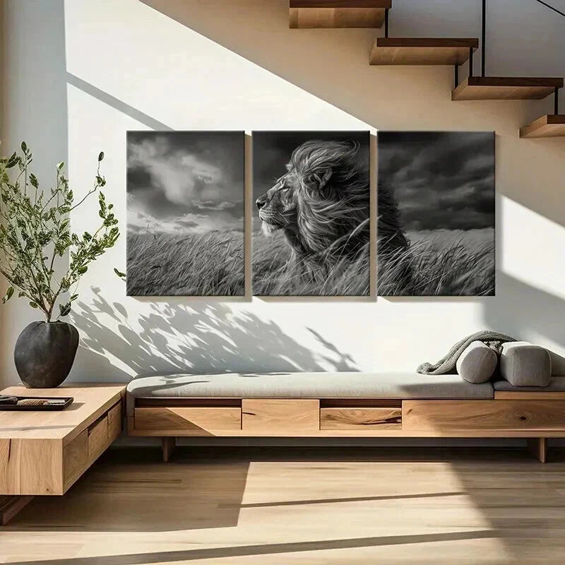 3pcs Lion in Grassland Stormy Sky Modern Wall Art Set Canvas Framed 60x90cm - High Quality Print 100% Australian Made Wall Canvas Ready to Hang - Bella Home Decor