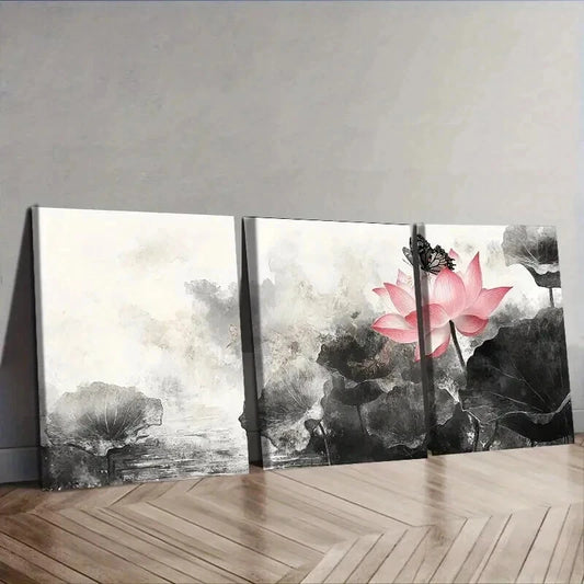 3pcs Pink for Lotus Flower Trio Wall Art Set Canvas Framed 50x70cm - High Quality Print 100% Australian Made Wall Canvas Ready to Hang