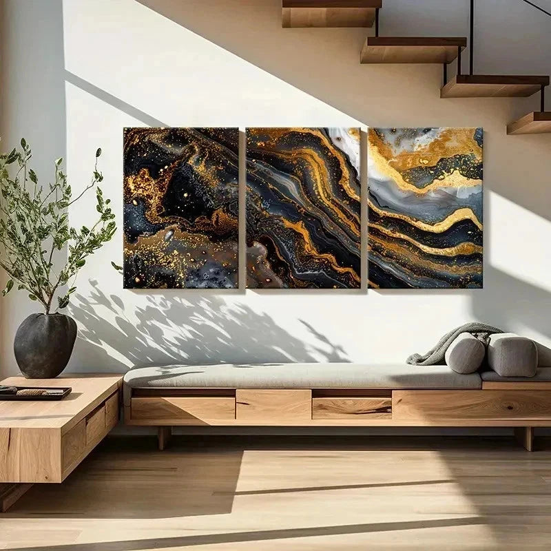 3pcs Simple And Elegant Gilt Marble Wall Art Set Canvas Framed 50x70cm - High Quality Print 100% Australian Made Wall Canvas Ready to Hang