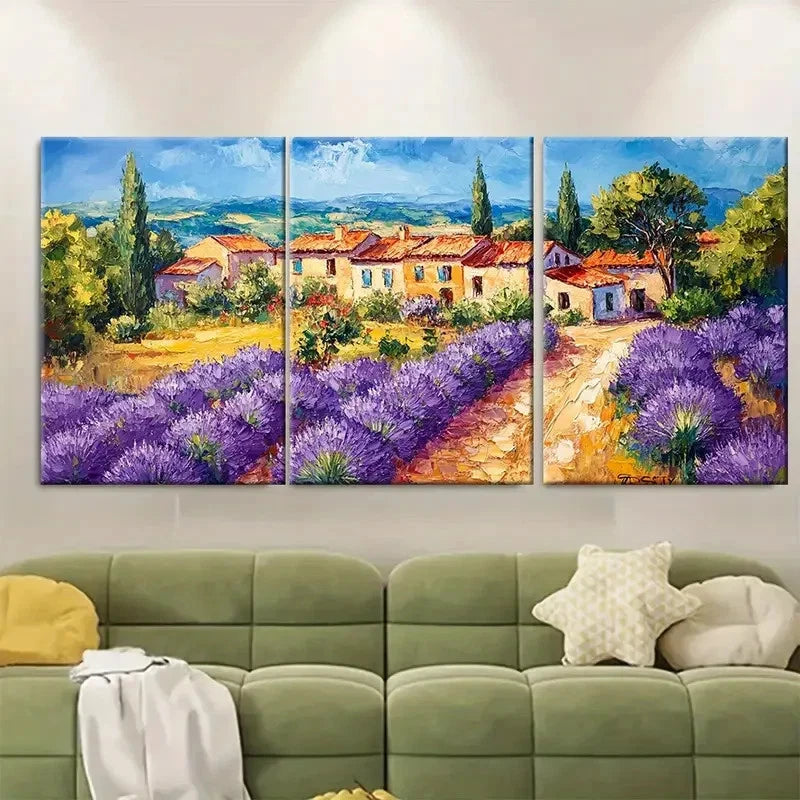 3pcs Provence Houses Lavender  Wall Art Set Canvas Framed 40x60cm - High Quality Print 100% Australian Made Wall Canvas Ready to Hang