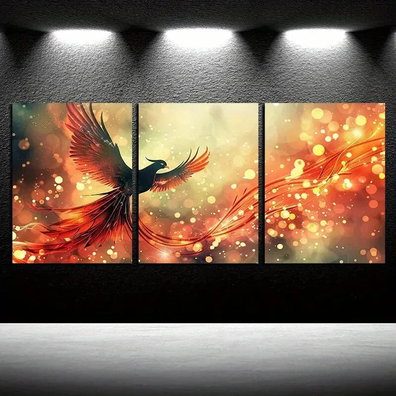 3pcs Vibrant Phoenix Orange Color illustration Metal Print Ready to Hang Art - Bella Home Decor