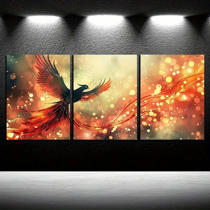 3pcs Vibrant Phoenix Orange Color illustration Metal Print Ready to Hang Art - Bella Home Decor