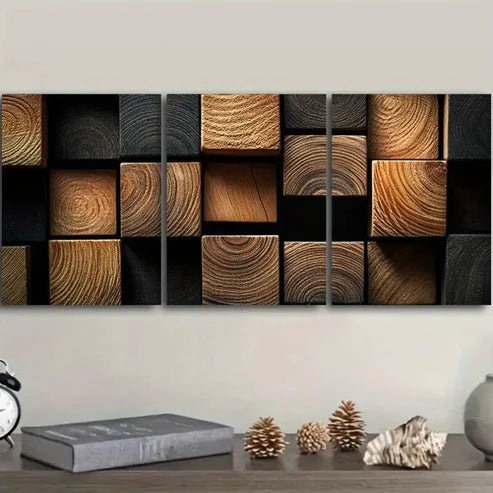 3pcs Featuring Dark Textured Wooden Blocks Wall Art Set Canvas Unframed - High Quality Print 100% Australian Made Wall Canvas