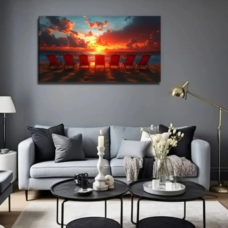 Sunset Beach Chair Perfect Wall Art Canvas Office Home Room Framed 120x60cm