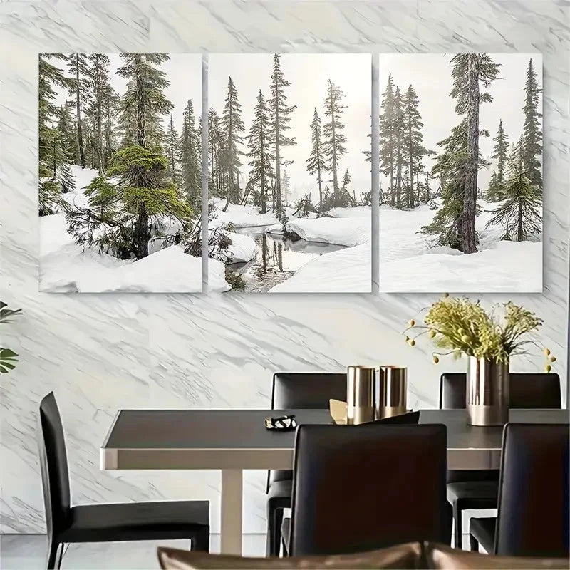 3pcs Serene Pine Trees and Stream Scene Metal Print Ready to Hang Art