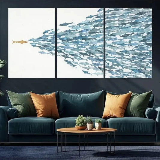 3pcs Minimalist Watercolor Fish Herd Painting Metal Print Ready to Hang Art
