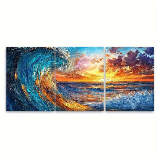 3pcs Vibrant Abstract Blue Ocean Wave Metal Print Ready to Hang Art