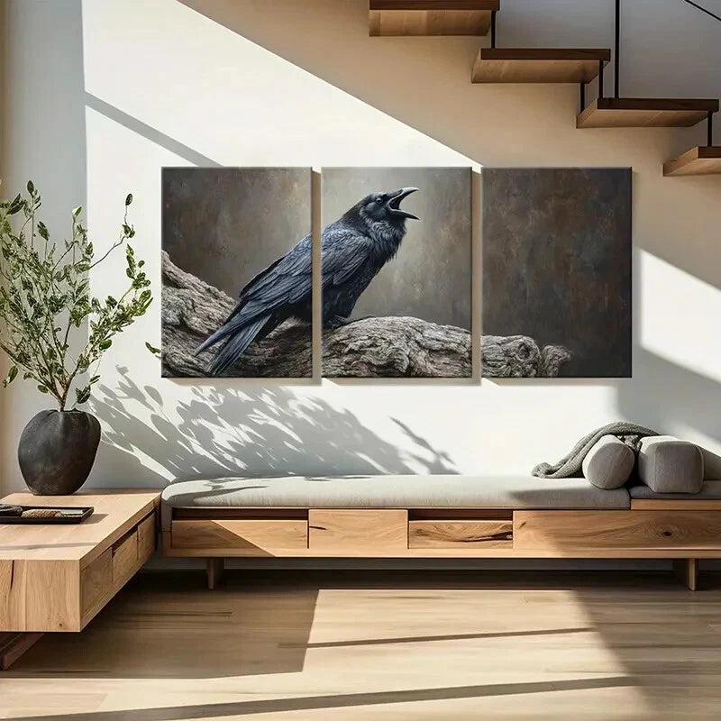 3pcs Artistic Raven Perched On Tree Branch Metal Print Ready to Hang Art - Bella Home Decor