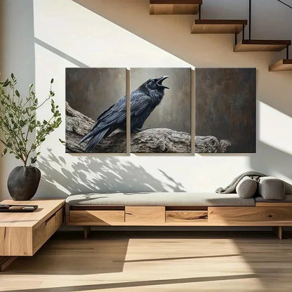 3pcs Artistic Raven Perched On Tree Branch Metal Print Ready to Hang Art - Bella Home Decor