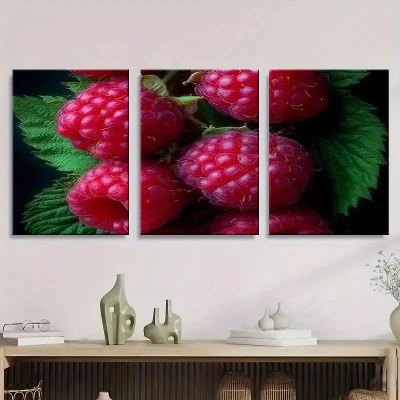 3pcs Raspberries Fruit Style Wall Art Set Canvas Framed 40x60cm - High Quality Print 100% Australian Made Wall Canvas Ready to Hang