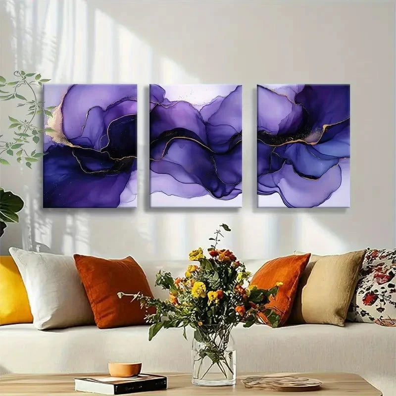 3pcs Flowing Purple Watercolor with Golden Veins Metal Print Ready to Hang Art - Bella Home Decor