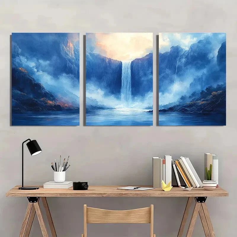 3pcs Vibrant Blue & Golden Sunset Landscape Metal Print Ready to Hang Art - Bella Home Decor