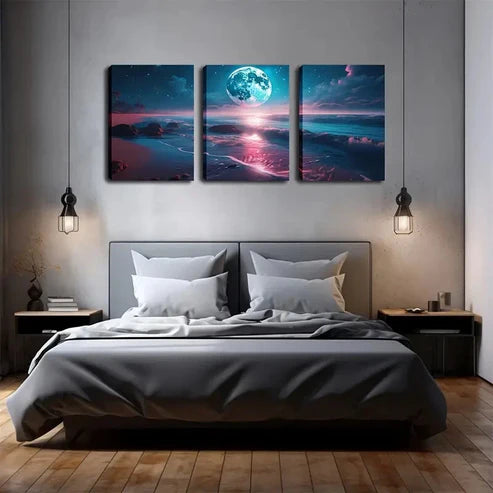 3pcs Bright Big Moon, Beach Wall Art Set Wall Art Canvas Unframed - High Quality Print 100% Australian Made Wall Canvas - Bella Home Decor