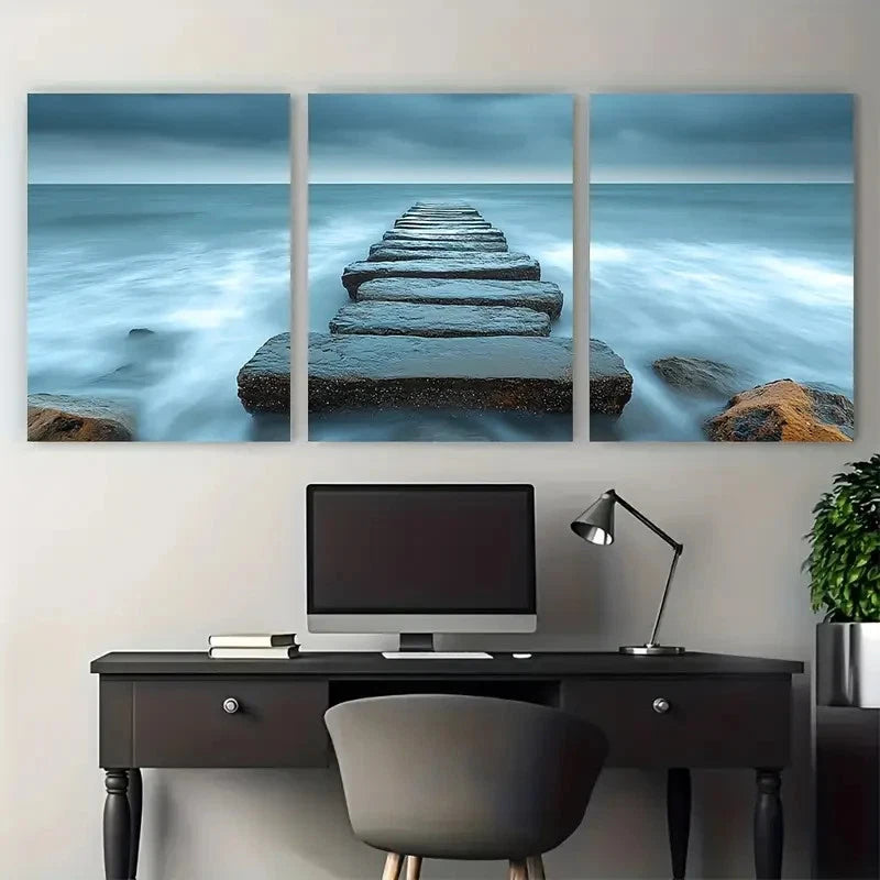 3pcs Coastal Seascape Rocky Sandy Pier Photography Metal Print Ready to Hang Art - Bella Home Decor