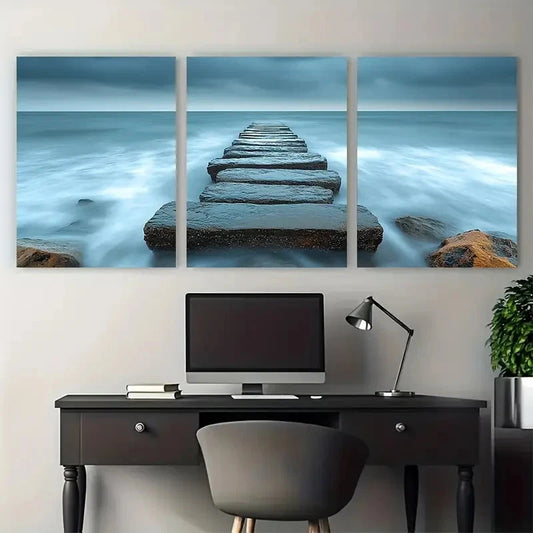3pcs Coastal Seascape Rocky Sandy Pier Photography Metal Print Ready to Hang Art