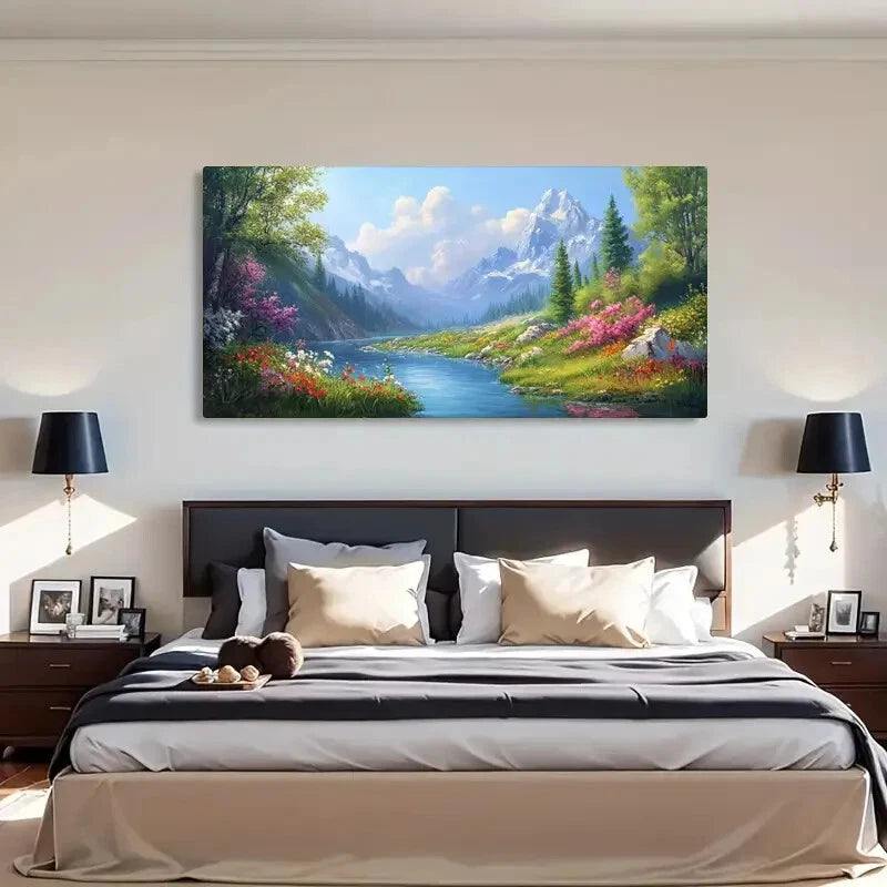 River & Mountain Landscape Wall Art Canvas Office Home Room Framed 120x60cm - Bella Home Decor